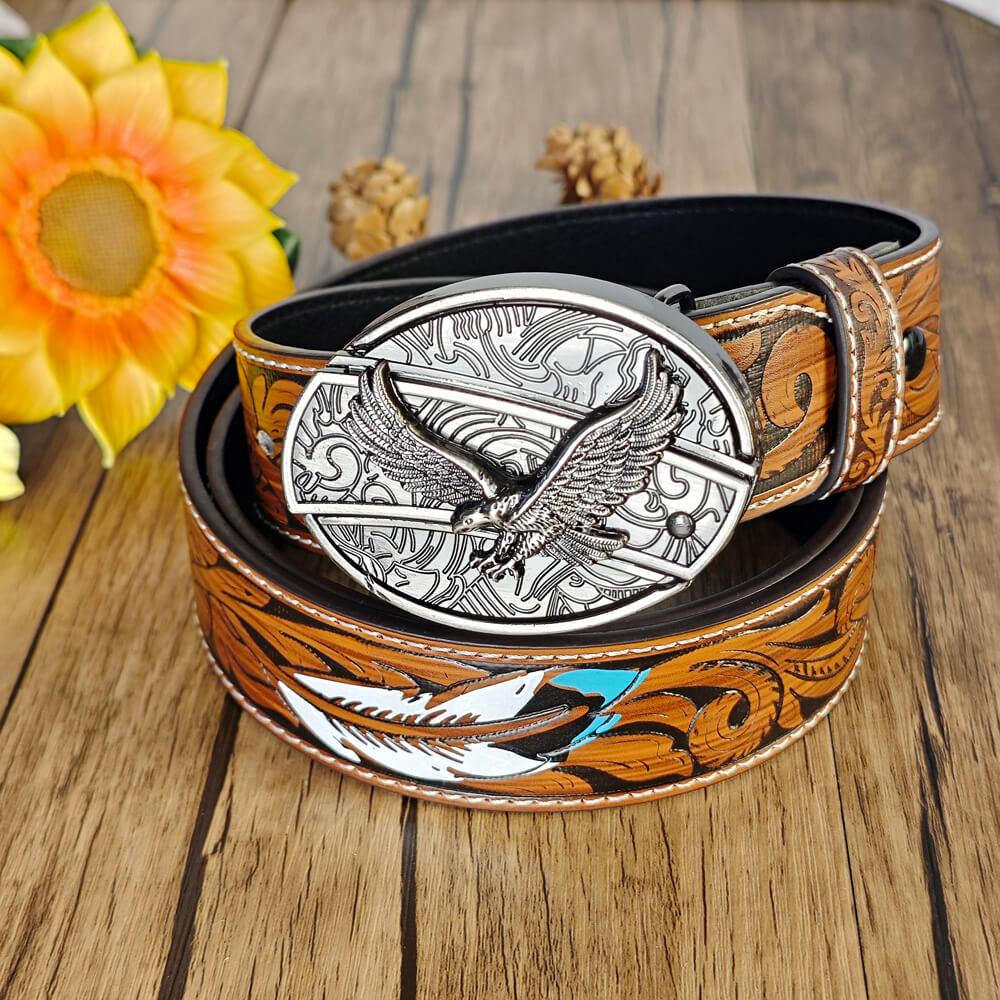Feather Embossed Belt With Buckle