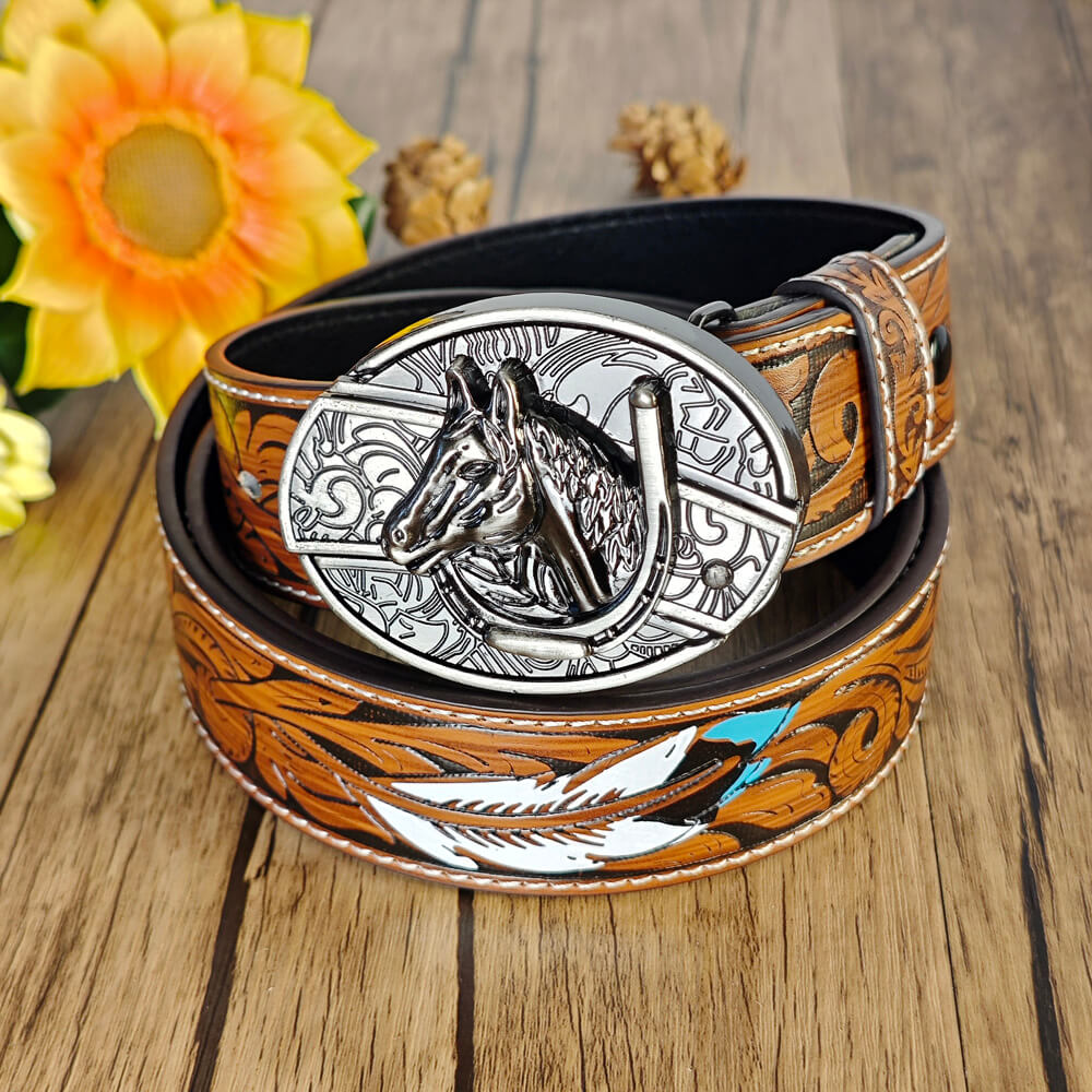 Feather Embossed Belt With Buckle