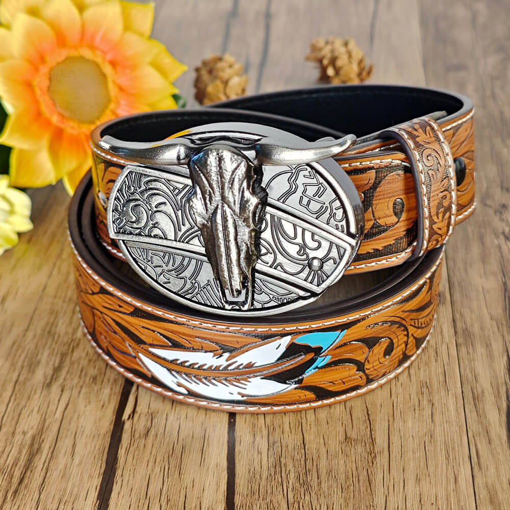 Feather Embossed Belt With Buckle