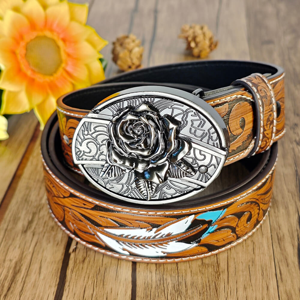 Feather Embossed Belt With Buckle