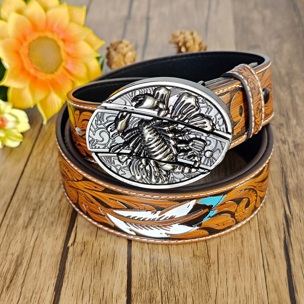 Feather Embossed Belt With Buckle