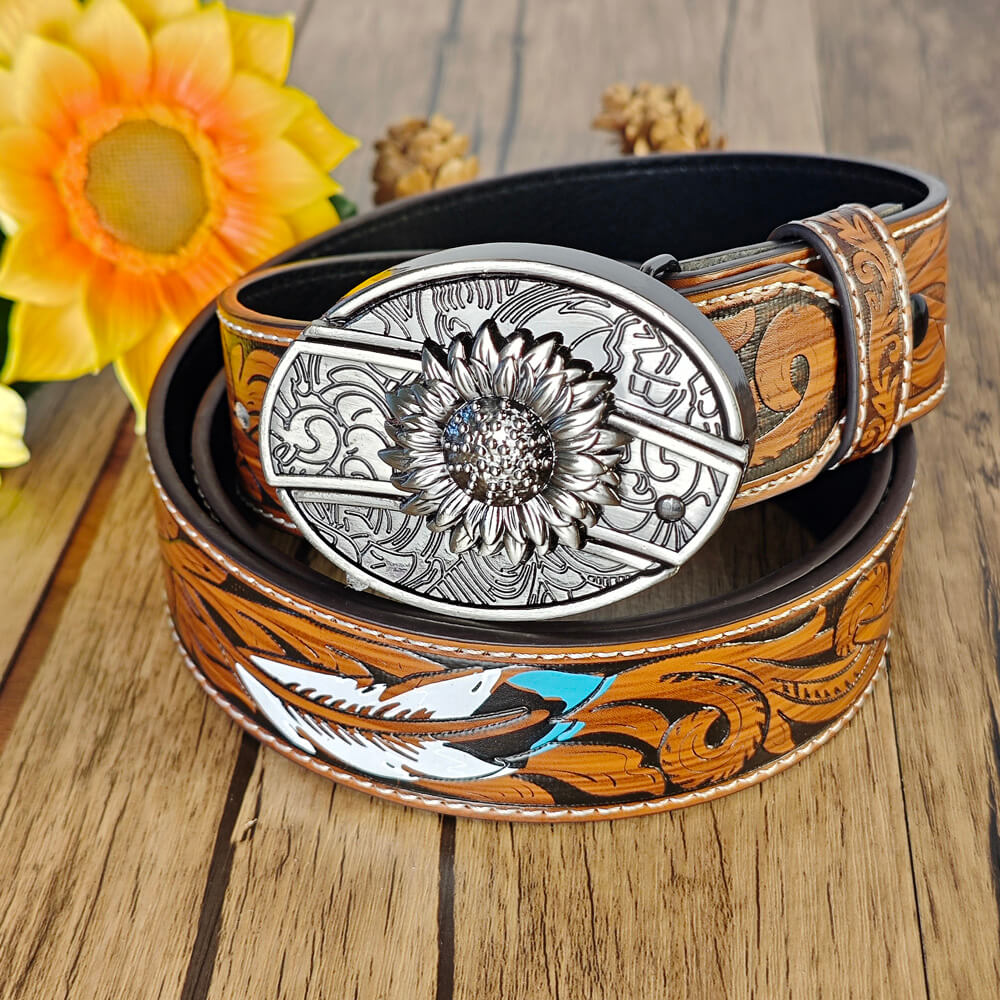 Feather Embossed Belt With Buckle