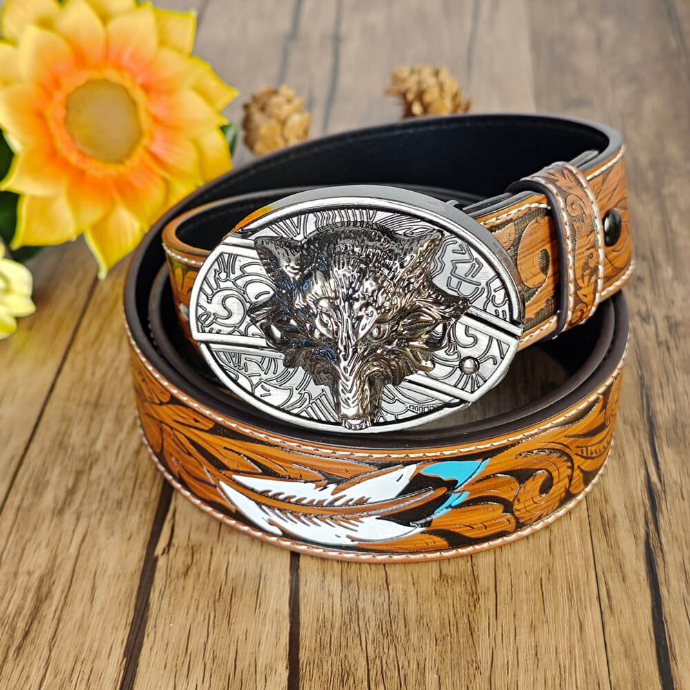 Feather Embossed Belt With Buckle