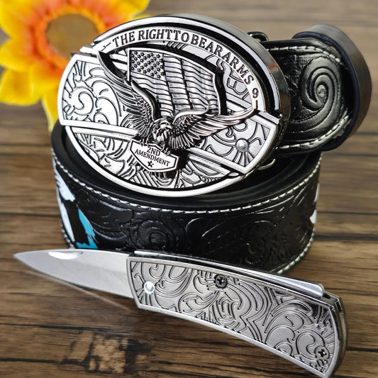 Feather Embossed Black Leather Belt