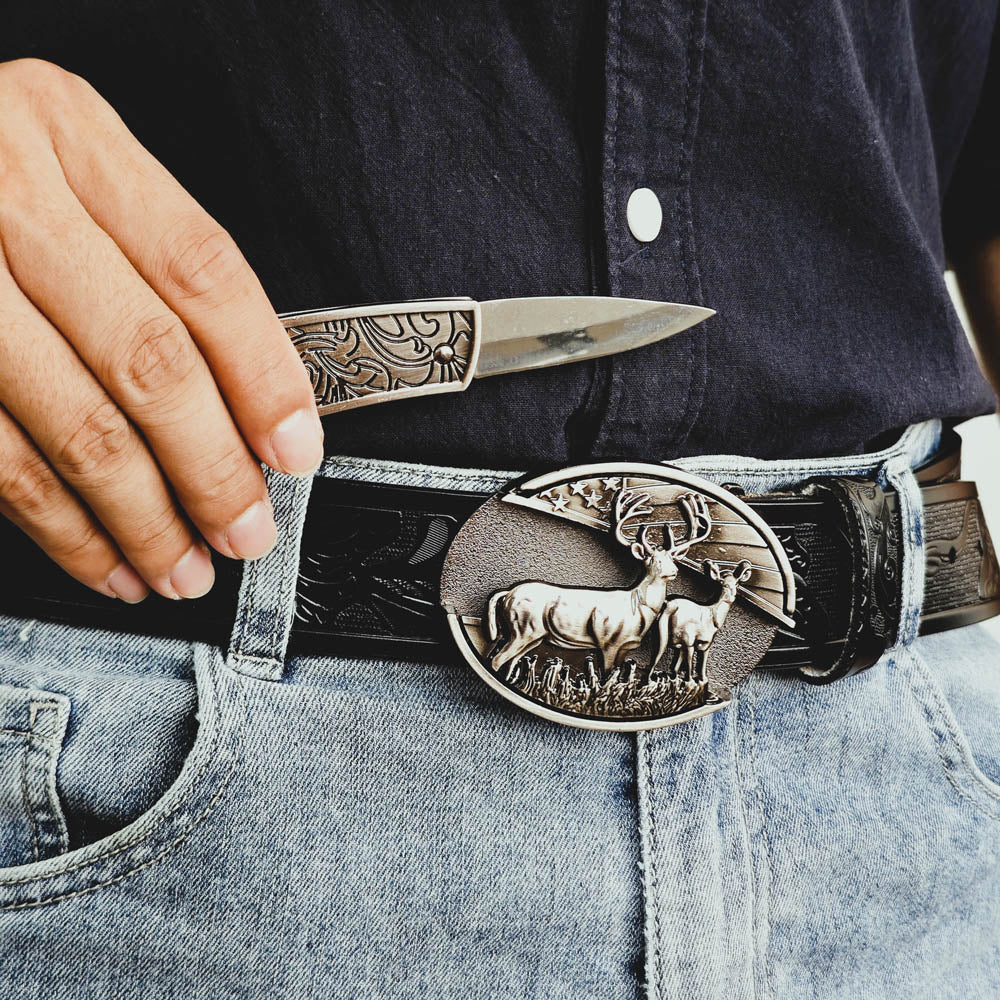 Cinturón negro de vaquero occidental con hebilla