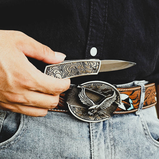 Western Feather Embossed EDC Belt with Multi-Function Buckle