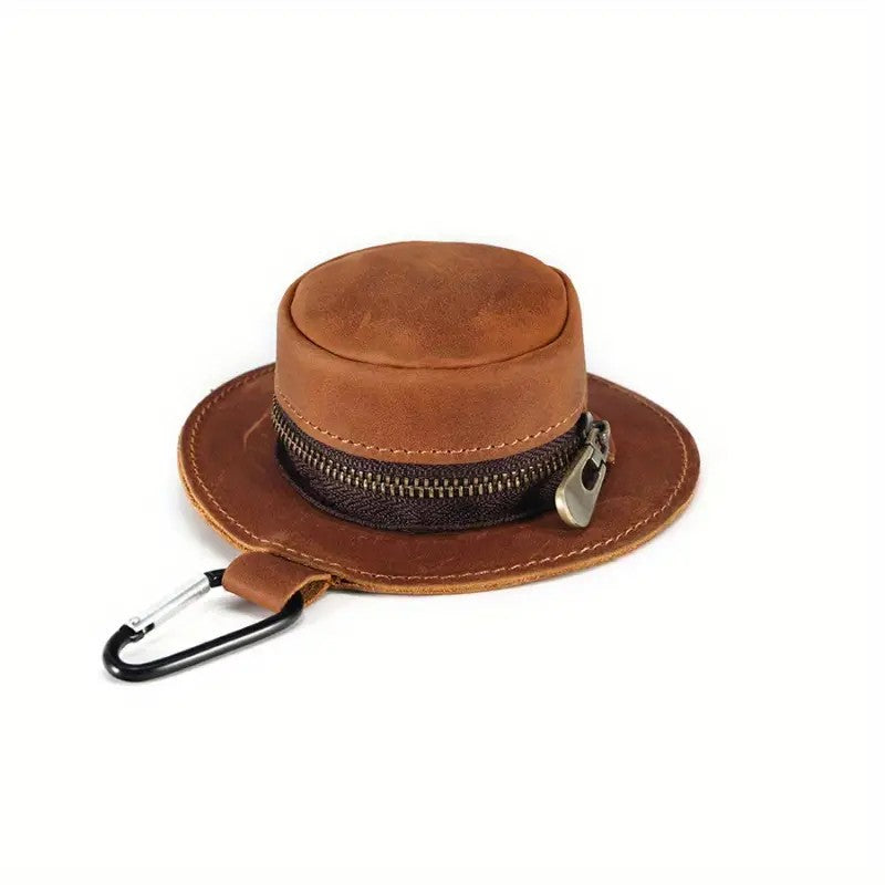 A Light Brown leather cowboy hat-shaped coin pouch for belt, perfect for western-style outfits.