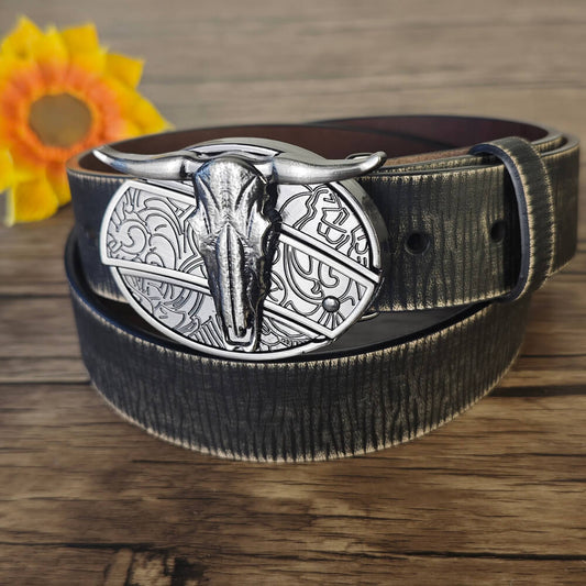 Vintage Embossed Black Leather Belt