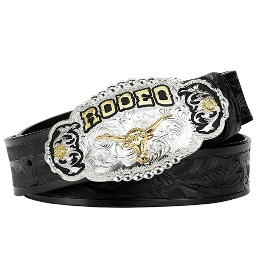 Rodeo Champion Bull Rider Belt Buckle with Cowboy Leather Belt