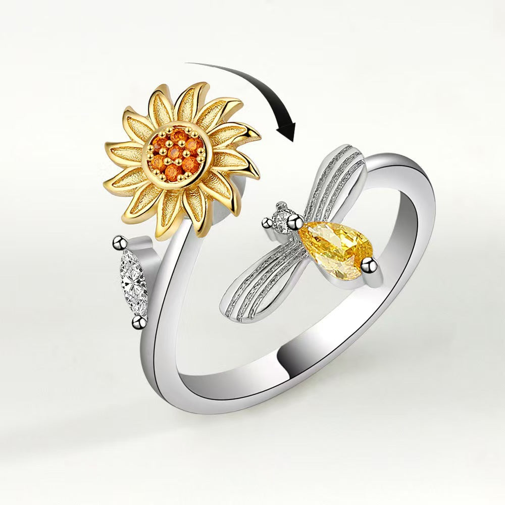 Sunflower-themed decompression ring with open band