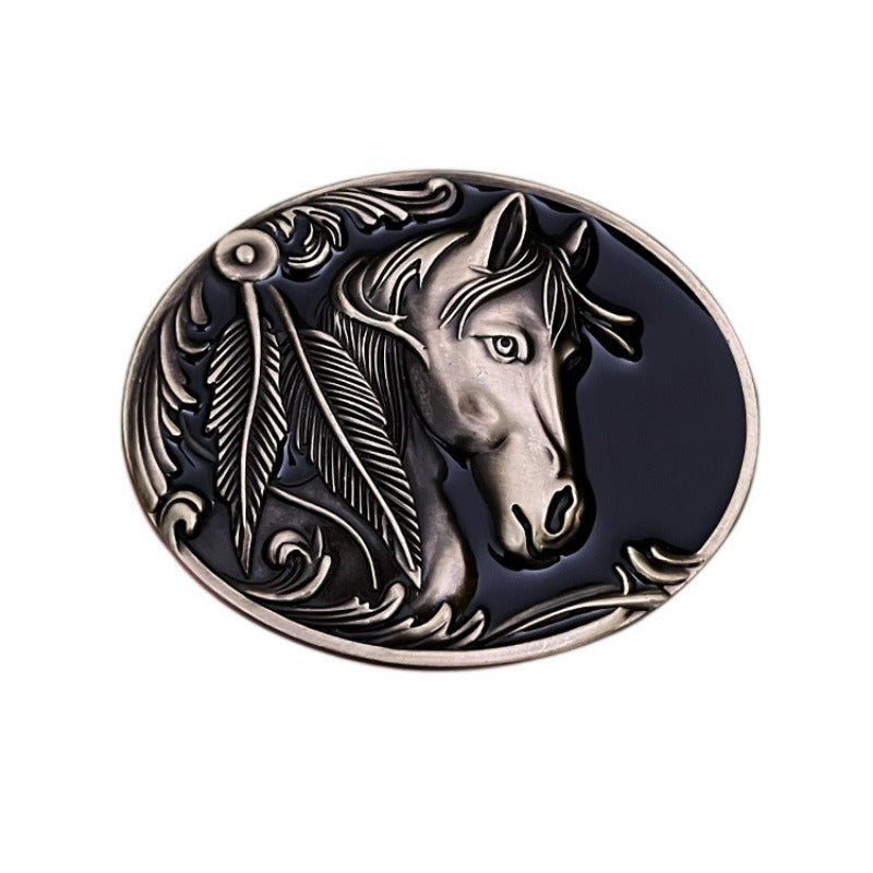 Vintage style belt buckle with horse head pattern, western style
