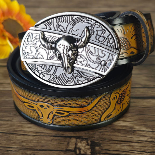 Western Bull Skull Accessory Set – Brown Belt & Necklace Combo (3-Piece)