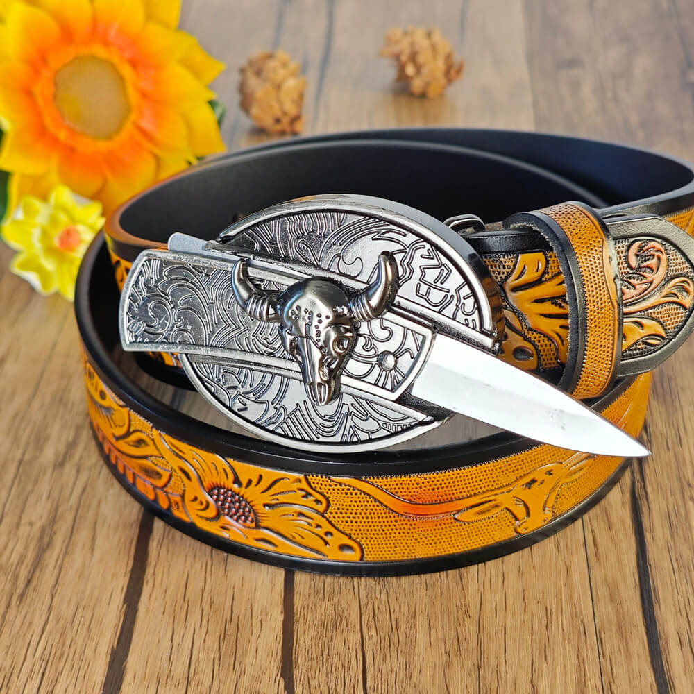 Western Bull Skull Accessory Set – Brown Belt & Necklace Combo (3-Piece)