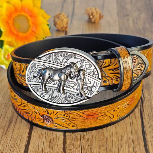Western Cowboy Accessories Set – Leather Belt, Bull Skull Necklace & Bull Ring