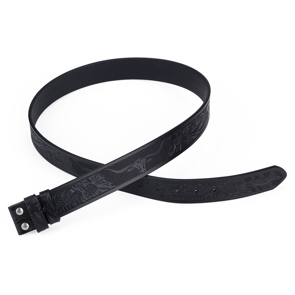 Western-style leather belt with carved animal patterns