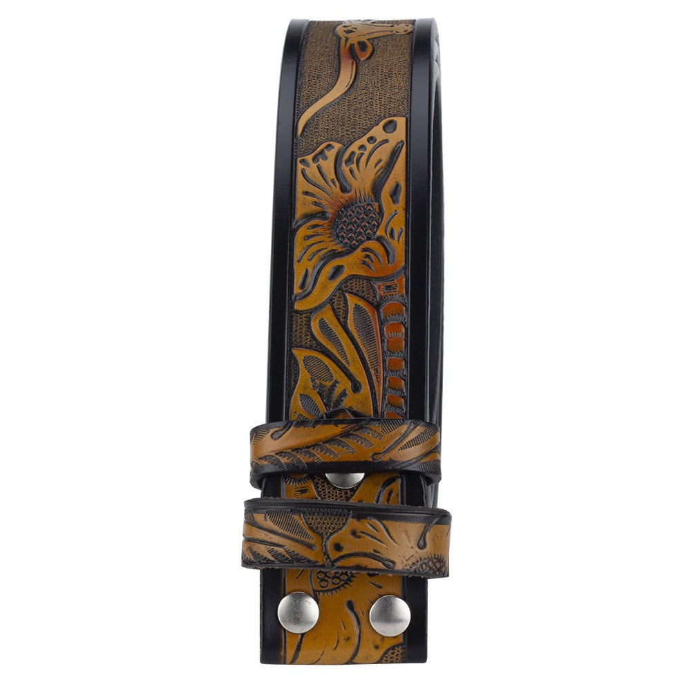Western-style leather belt with carved animal patterns