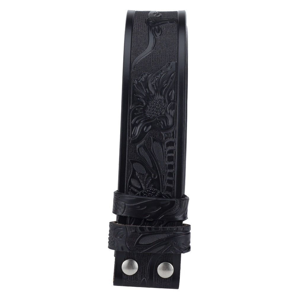 Western-style leather belt with carved animal patterns