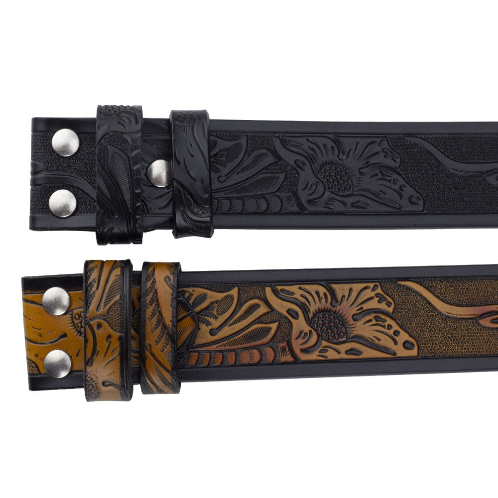 Western-style leather belt with carved animal patterns