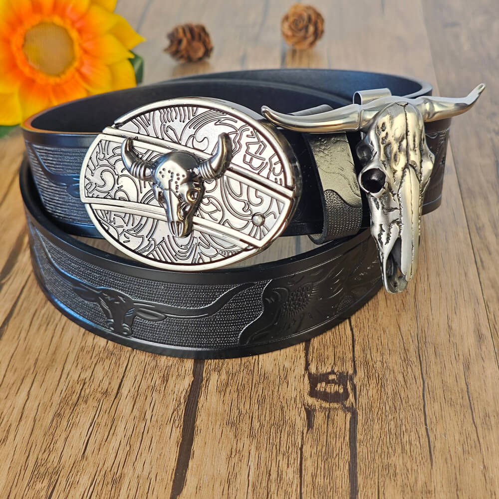 A black western belt and cow skull necklace with hidden practical functions