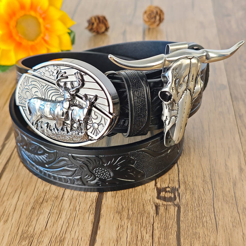 A black western belt and cow skull necklace with hidden practical functions