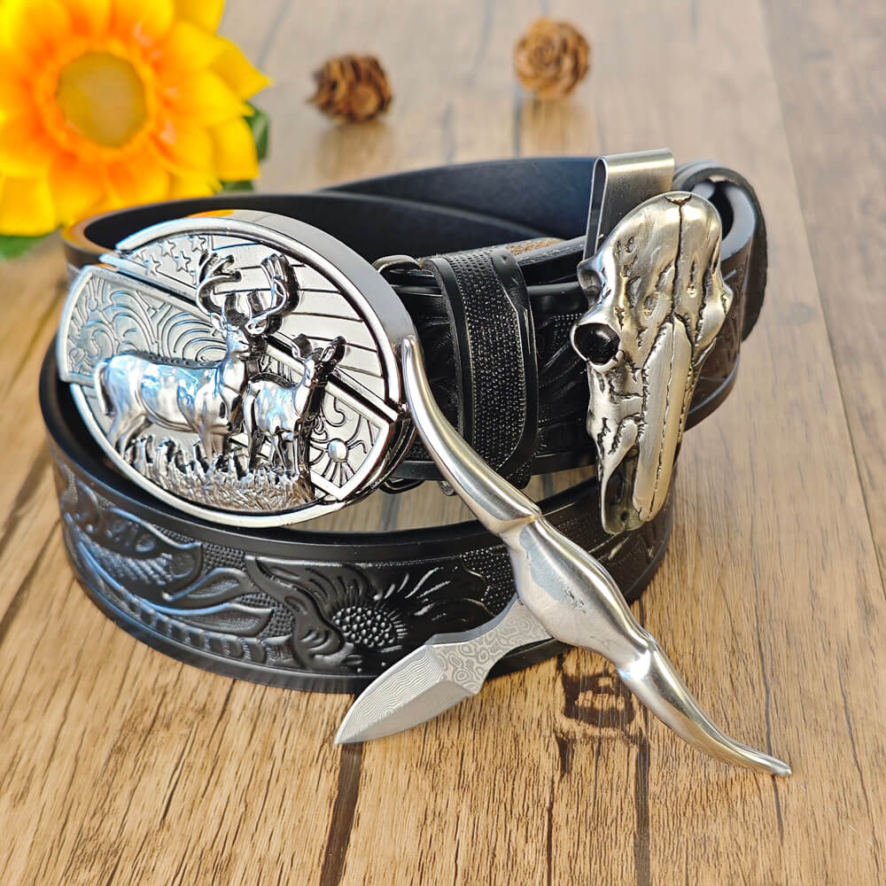 A black western belt and cow skull necklace with hidden practical functions