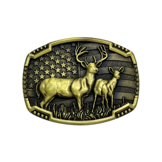 Western-style belt buckle featuring two deer in classic outdoor design