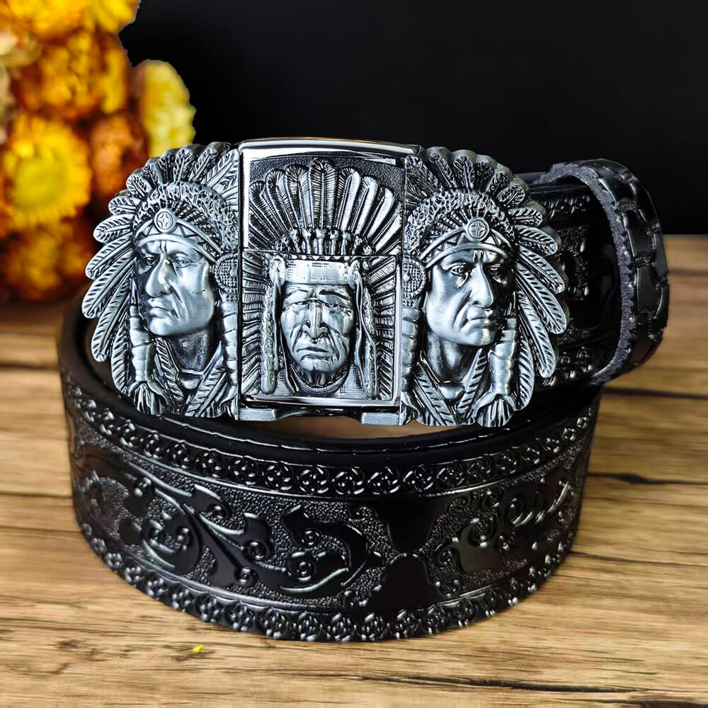 Western Embossed Leather Belt & Lighter Buckle
