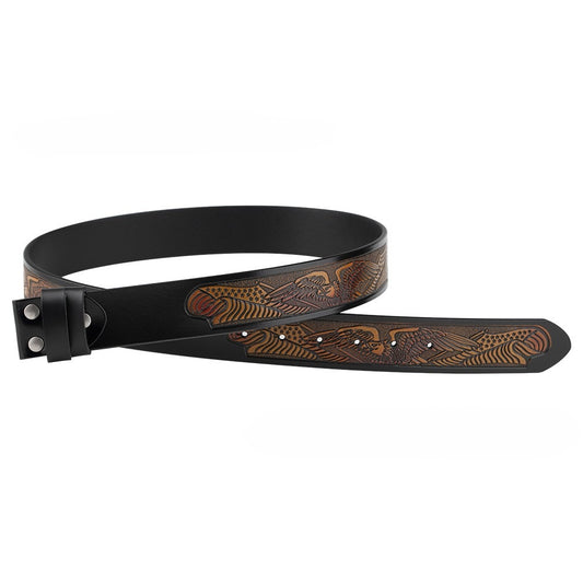 Two-Tone Western Belt – Black Leather & Brown Eagle Design
