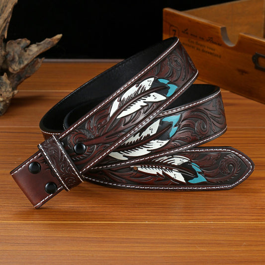 Western Leather Feather Belt | Embossed Cowboy Pattern