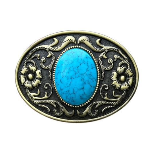 Engraved belt buckle with turquoise inlay, western style