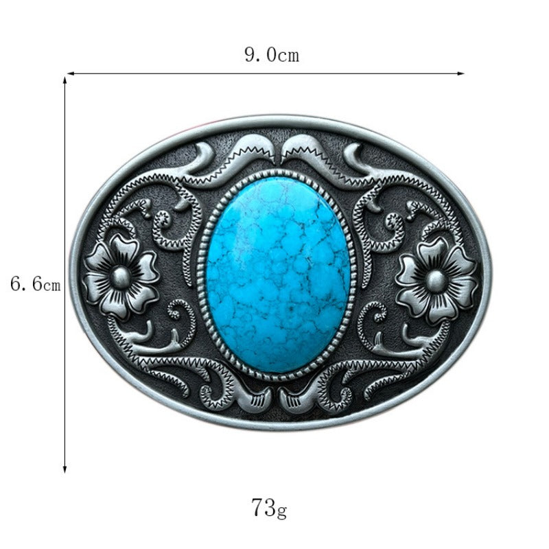 Engraved belt buckle with turquoise inlay, western style