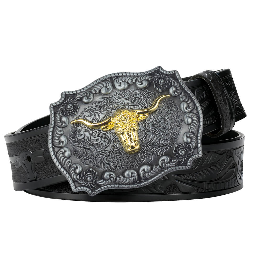 Western cowboy style longhorn leather belt