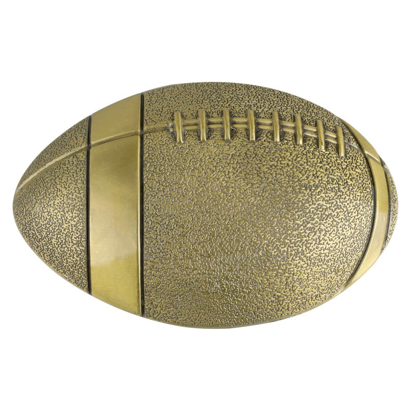 Gold American football belt buckle in classic oval shape, ideal for sports-themed western outfits.