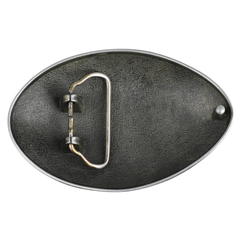 Back view of silver American football belt buckle showing clasp and loop attachment.