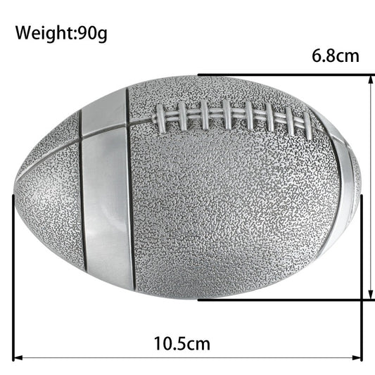 Silver American football belt buckle with size comparison for standard belts.