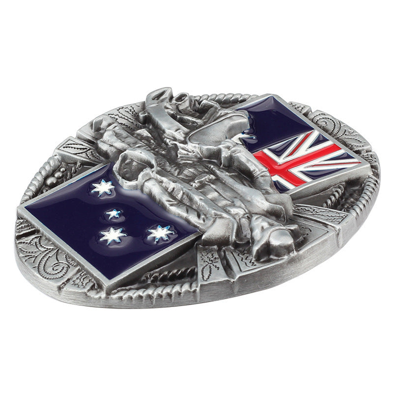 Side view of Australian flag cowboy belt buckle highlighting depth and curved metal structure.