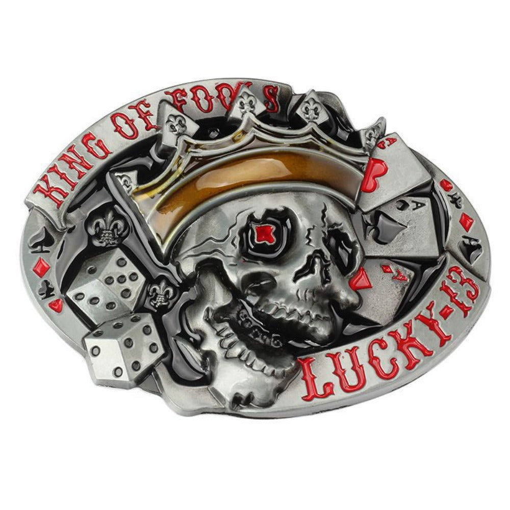 Antique Silver Lucky 13 Devil Skull Belt Buckle with Iron Cross