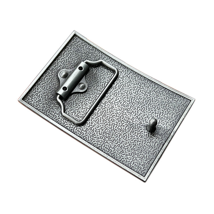 Back view of British flag belt buckle showing clasp and loop attachment.