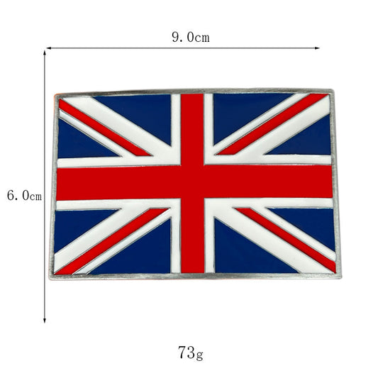 British flag belt buckle with size reference, fits standard belts for men and women.
