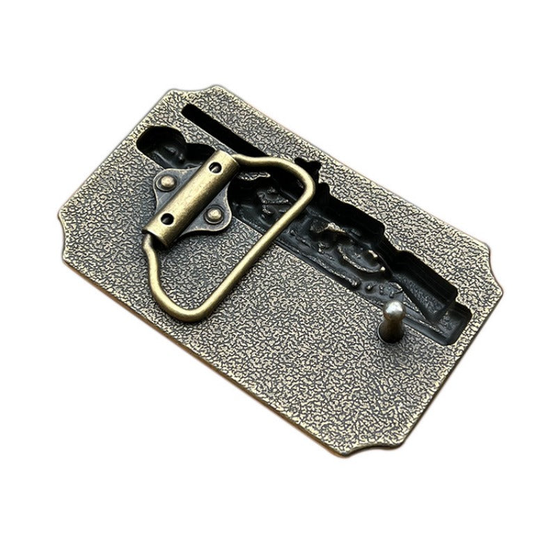 Back side of Browning shotgun belt buckle showing clasp and belt attachment mechanism.