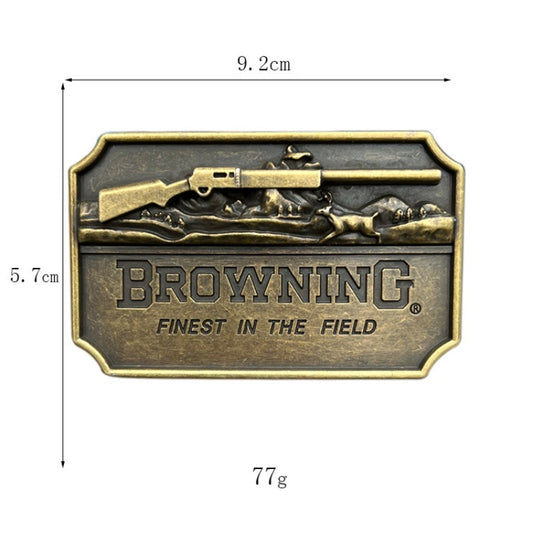 Browning shotgun belt buckle with ruler for size reference, perfect for western-style belts.