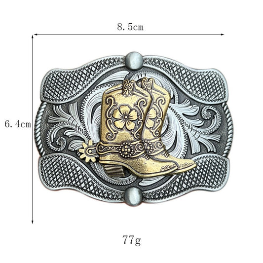 Cowboy boots belt buckle with measurement reference for standard western-style belts.