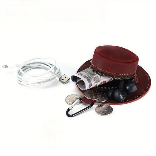 cowboy hat leather coin pouch shown open, displaying inner compartment and snap closure.