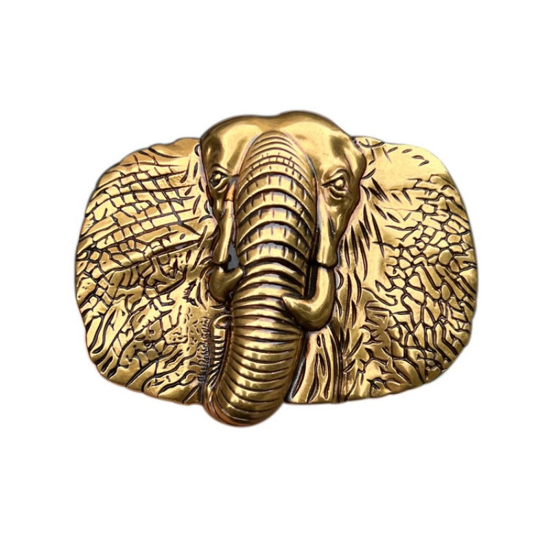 Gold western belt buckle featuring detailed elephant head design for bold western fashion.