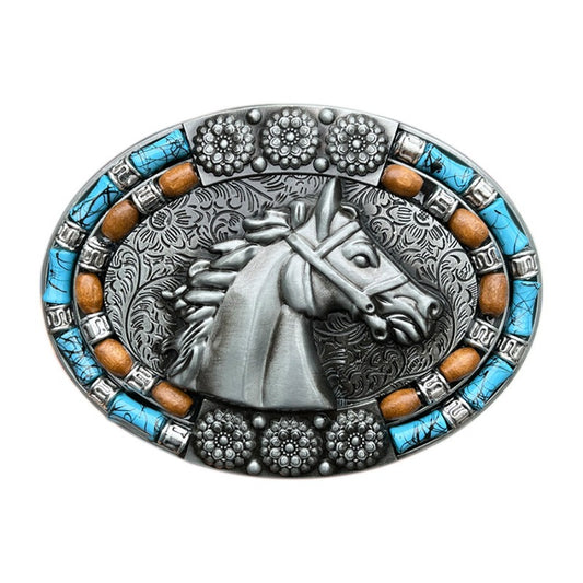 Western belt buckle featuring horse head design with turquoise inlay