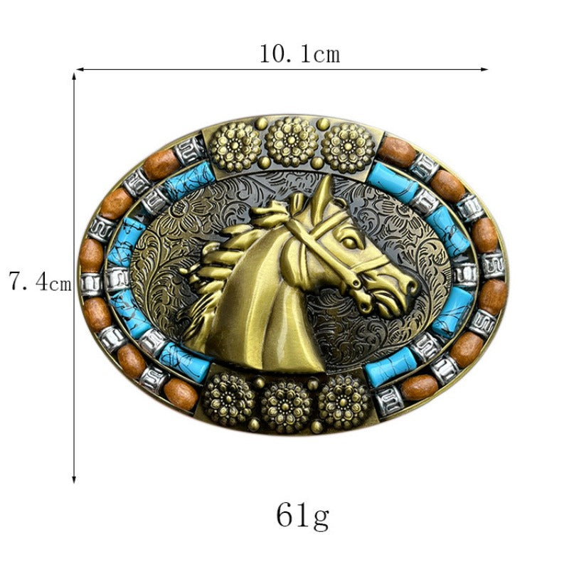 Western belt buckle featuring horse head design with turquoise inlay