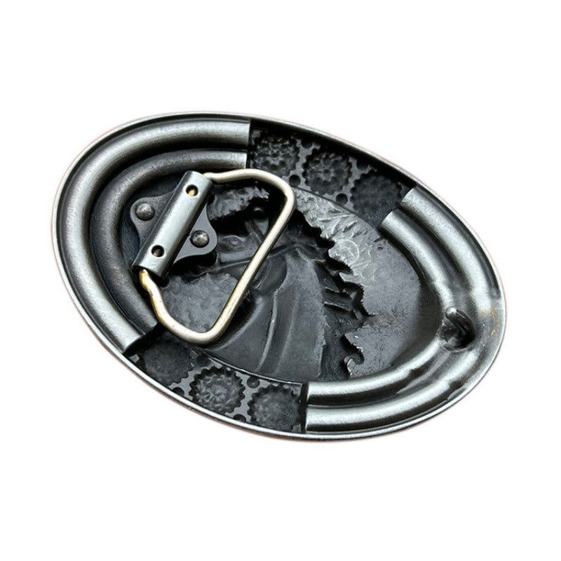 Western belt buckle featuring horse head design with turquoise inlay