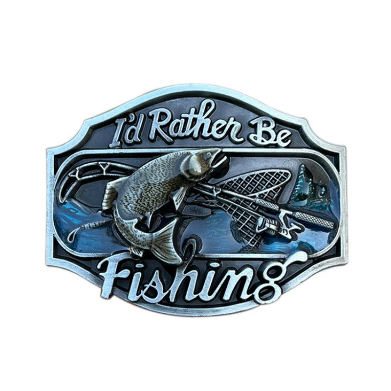silver style "I'd Rather Be Fishing" belt buckle with engraved fish and bold lettering.