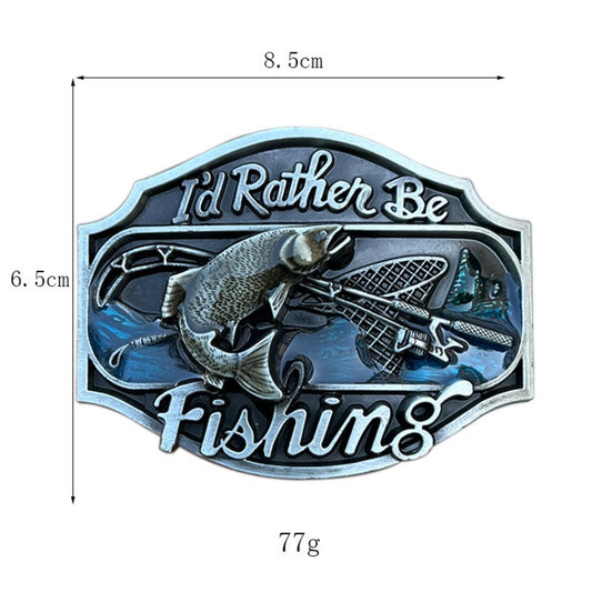Size reference for classic "I'd Rather Be Fishing" belt buckle with measurement guide.