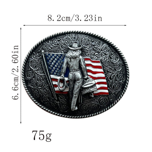 Cowboy belt buckle with size reference, fits standard western belts.